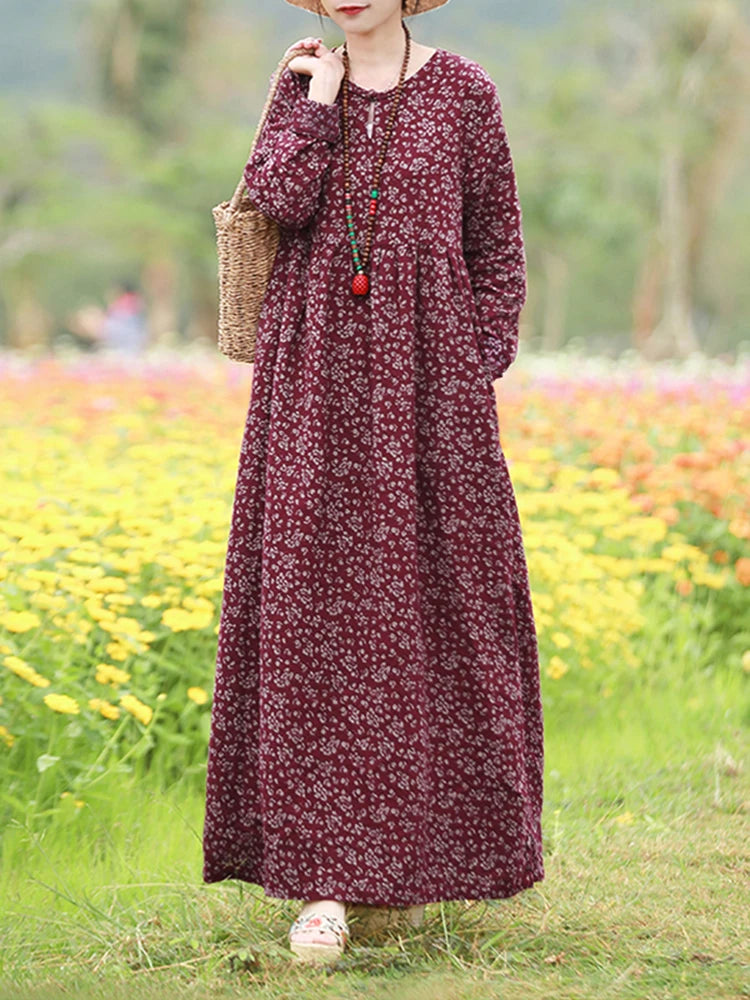 Robe Maxi Bohémienne Vintage Florale — Manches Longues Grande Taille