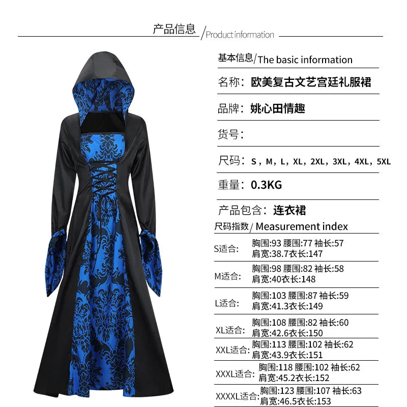 Robe Médiévale À Capuche Imprimée — Tenue de Scène Rétro Femme
