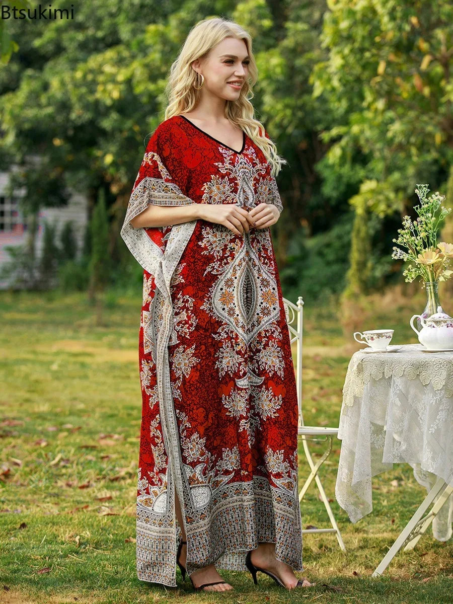 Robe Longue Bohémienne Col V — Imprimé Ethnique Plage Moyen-Orient