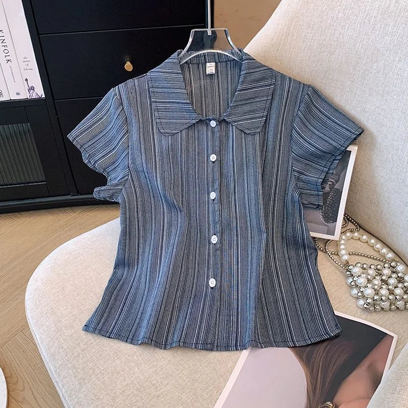 Women's French Style Polo Collar Short Sleeve Chiffon Blouse Elegant Casual  Shirt