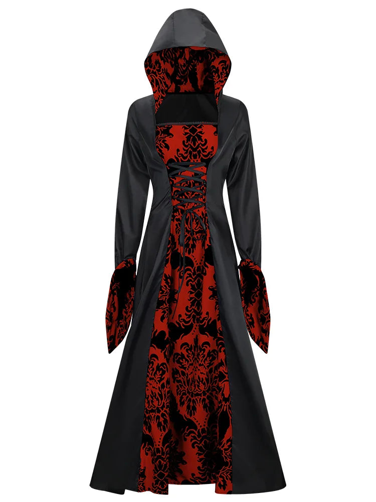Robe Médiévale À Capuche Imprimée — Tenue de Scène Rétro Femme