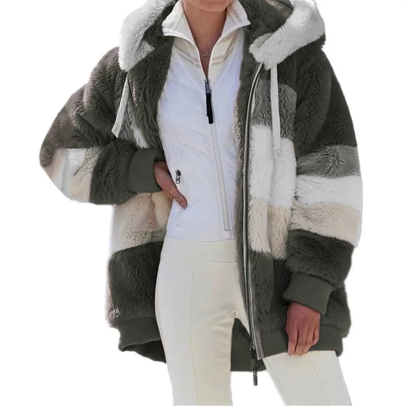 Oversized Jacket for Women 2023 New Autumn Winter Warm Plush Pocket Hooded Streetwear Loose Lady Outerwear Coat Roupas Feminina