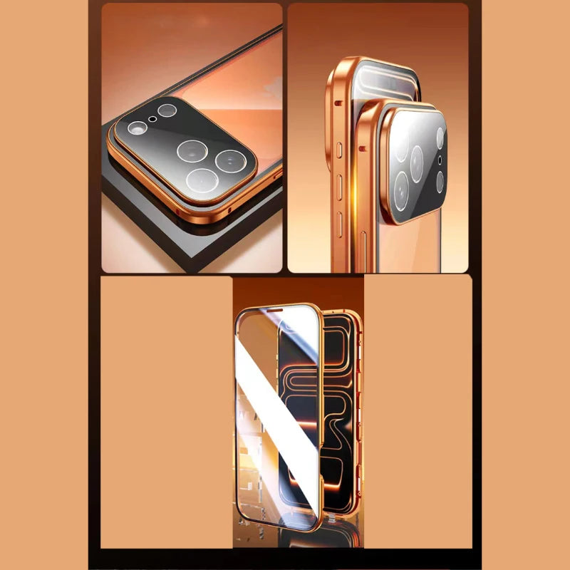 Coque magnétique métal 360° iPhone – Verre double face, verrouillage snap, protection totale
