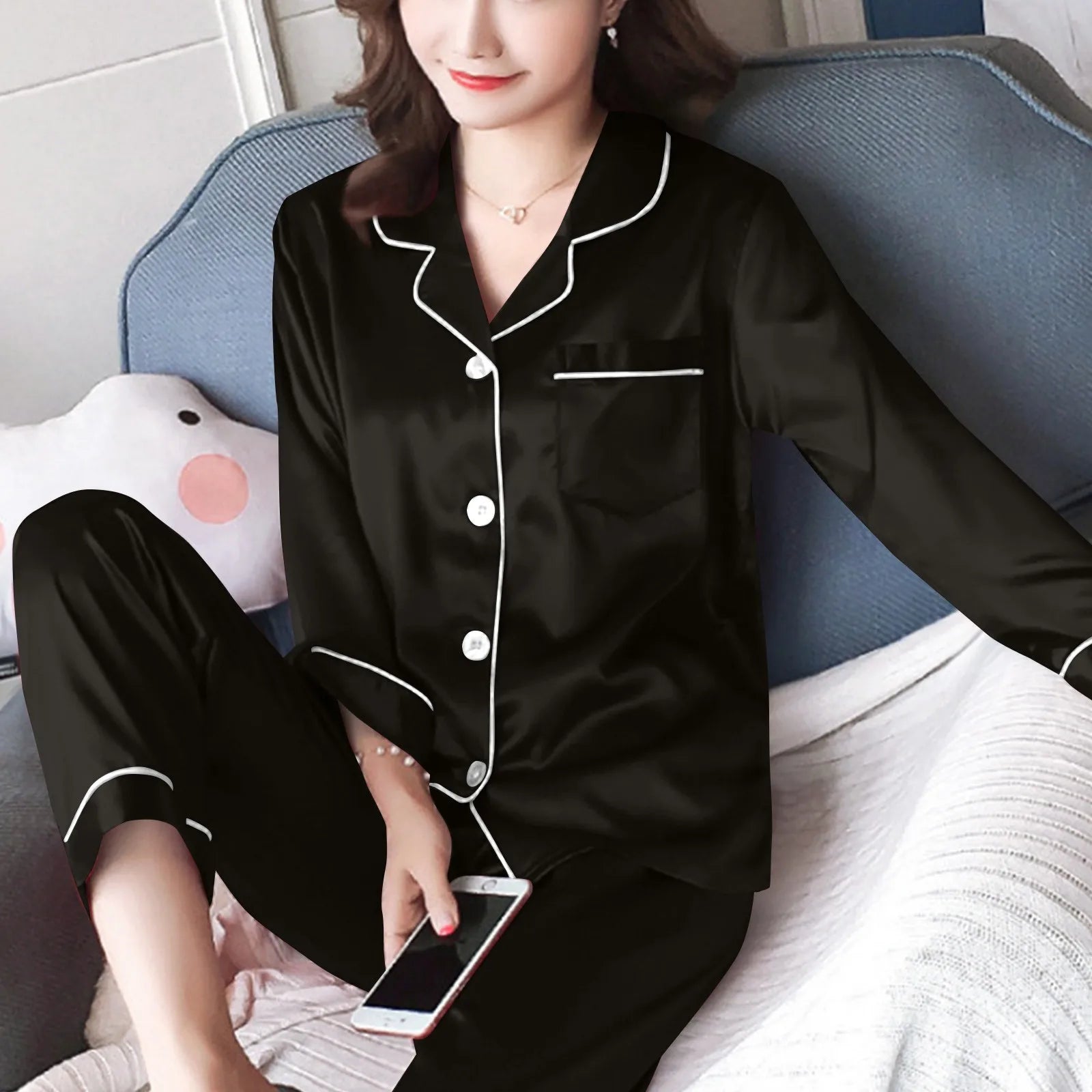 Women Pijama Sets Sleepwear Long-sleeve Cardigan Set Women Pajamas Sets Sexy Silk Polyester Female Pyjamas Home Clothing