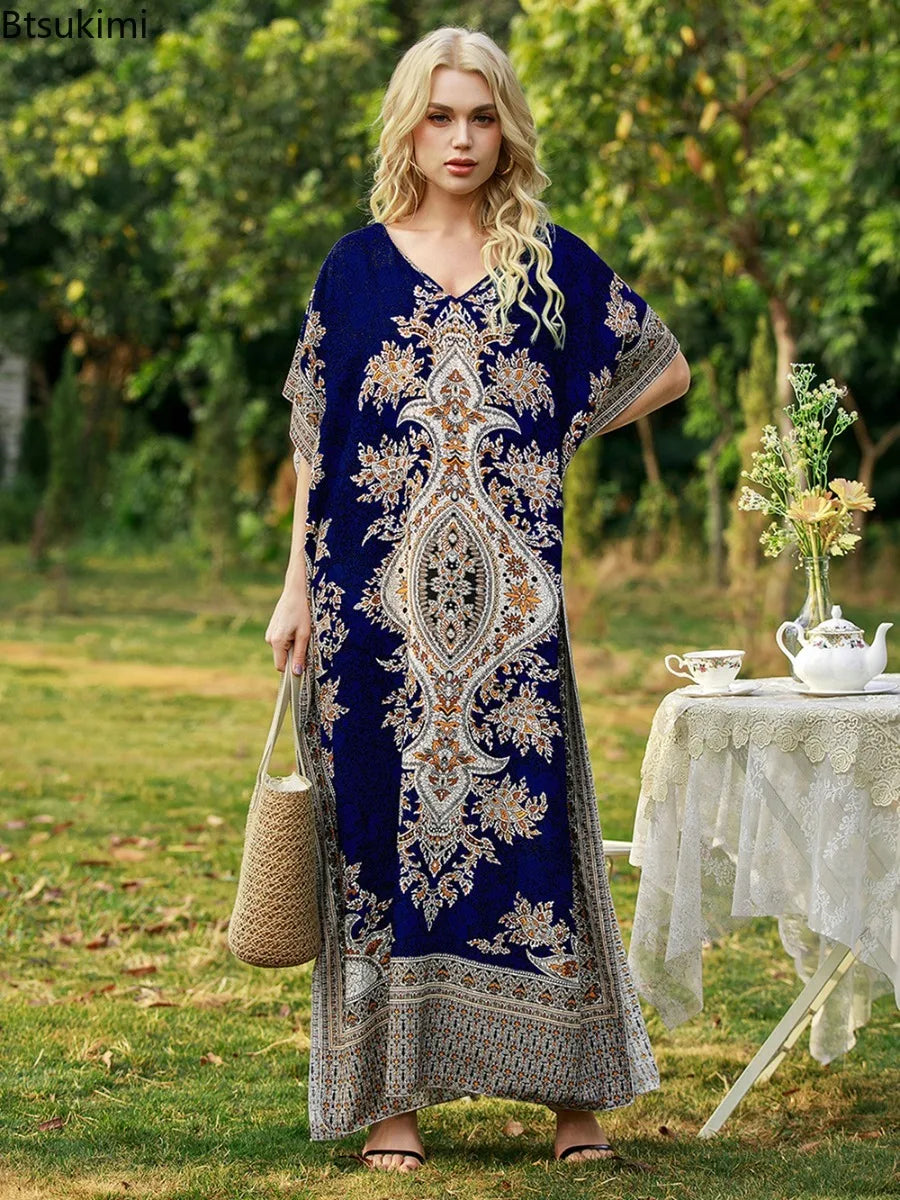 Robe Longue Bohémienne Col V — Imprimé Ethnique Plage Moyen-Orient