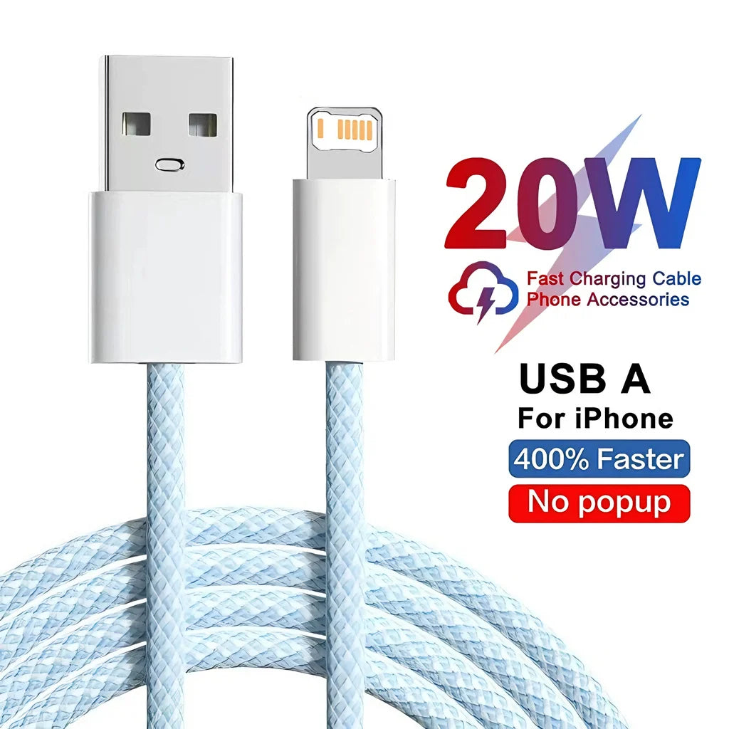 Câble USB Lightning 20W Tressé Charge Rapide pour iPhone 14 13 12 11 XR XS 8 7 6 — 1m 2m