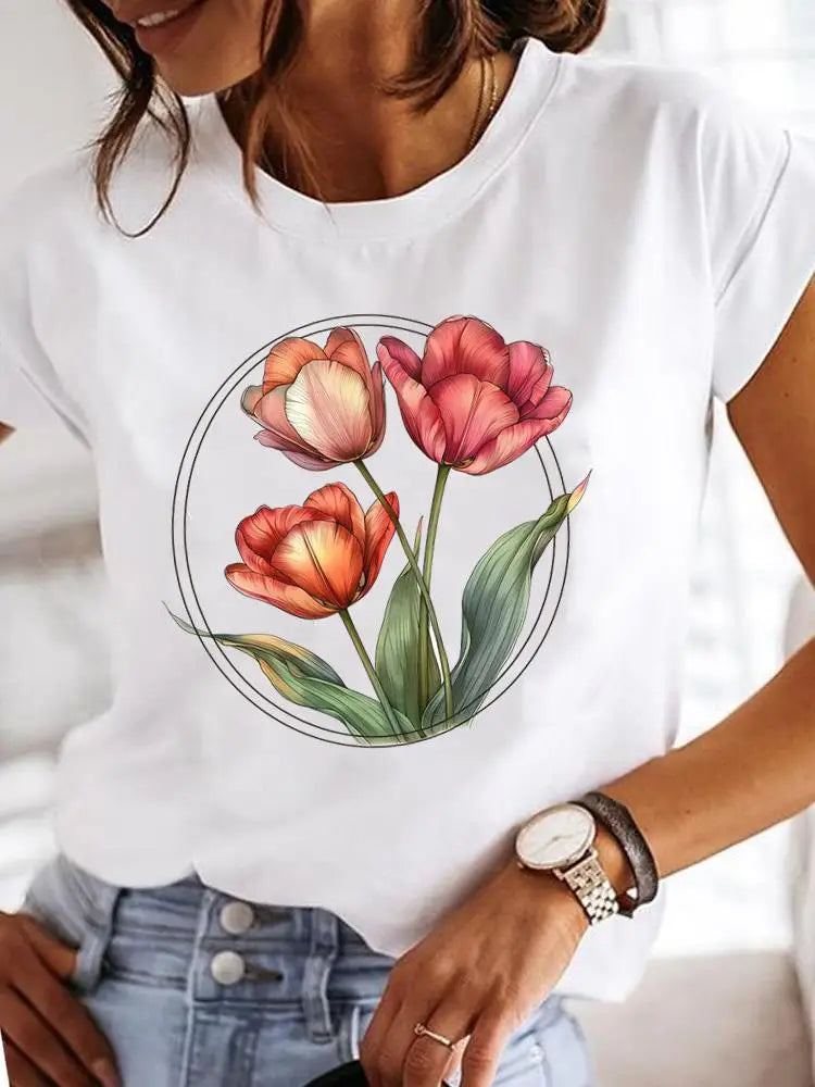 T-Shirt Femme Imprimé Fleurs — Style Casual Années 90