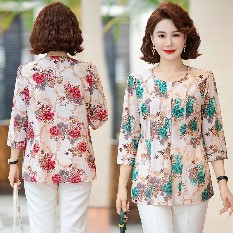 Elegant Oversize Shirts for Women T-SHIRT Tops Loose Vintage Blouse Summer Middle-aged Women's Clothing