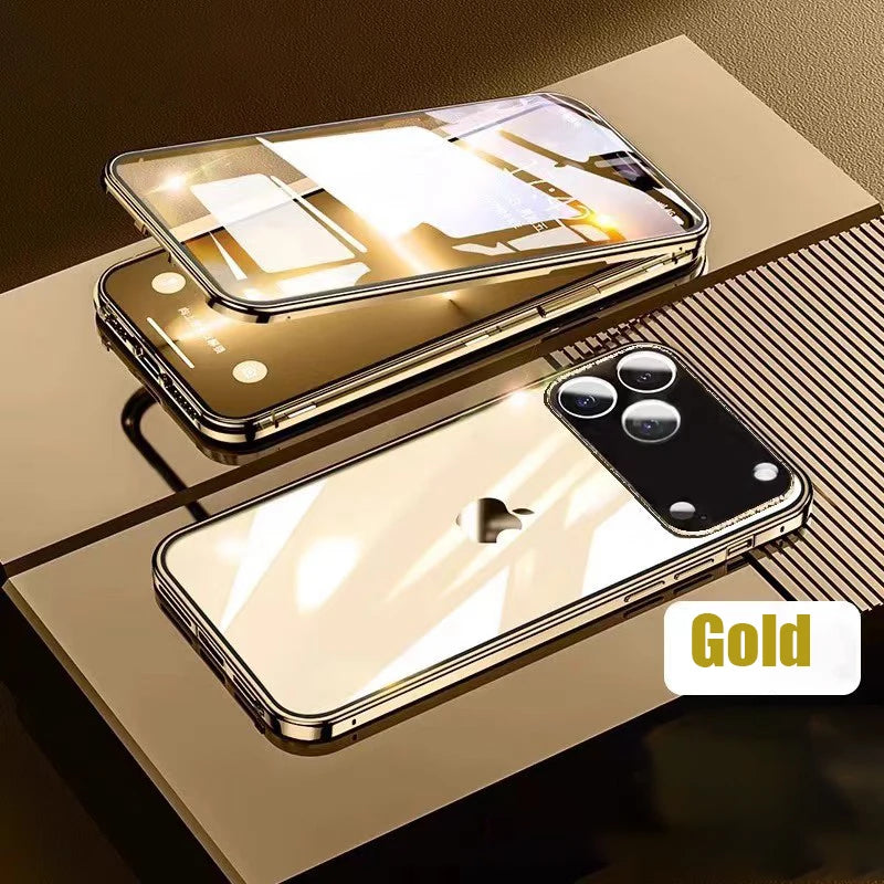 Coque magnétique métal 360° iPhone – Verre double face, verrouillage snap, protection totale