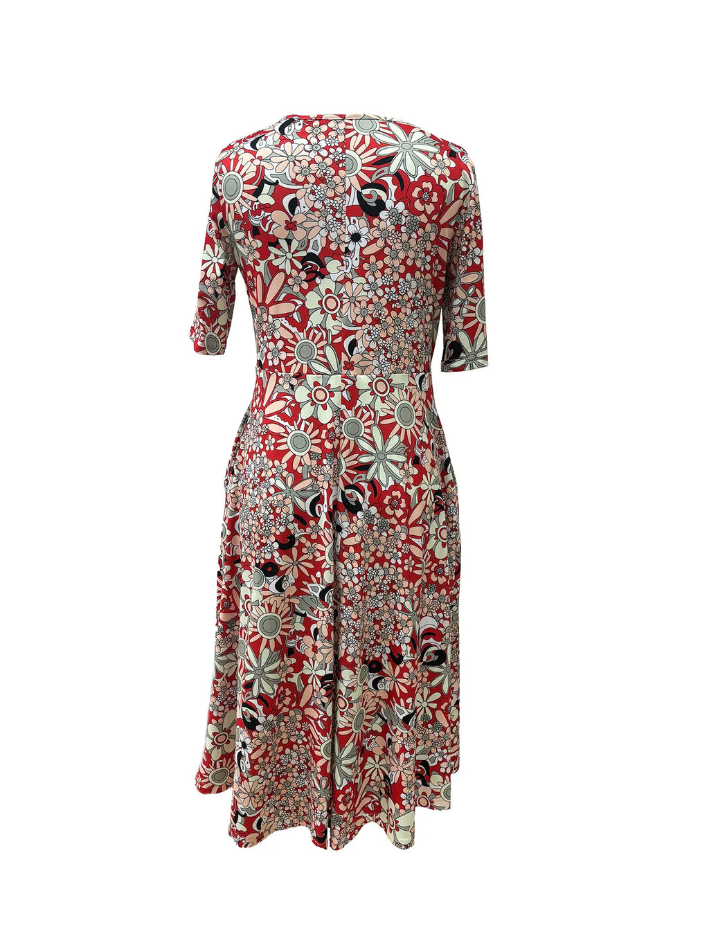 Robe Longue Bohémienne Fleurie — Col V Manches Mi-Longues Poches Plage
