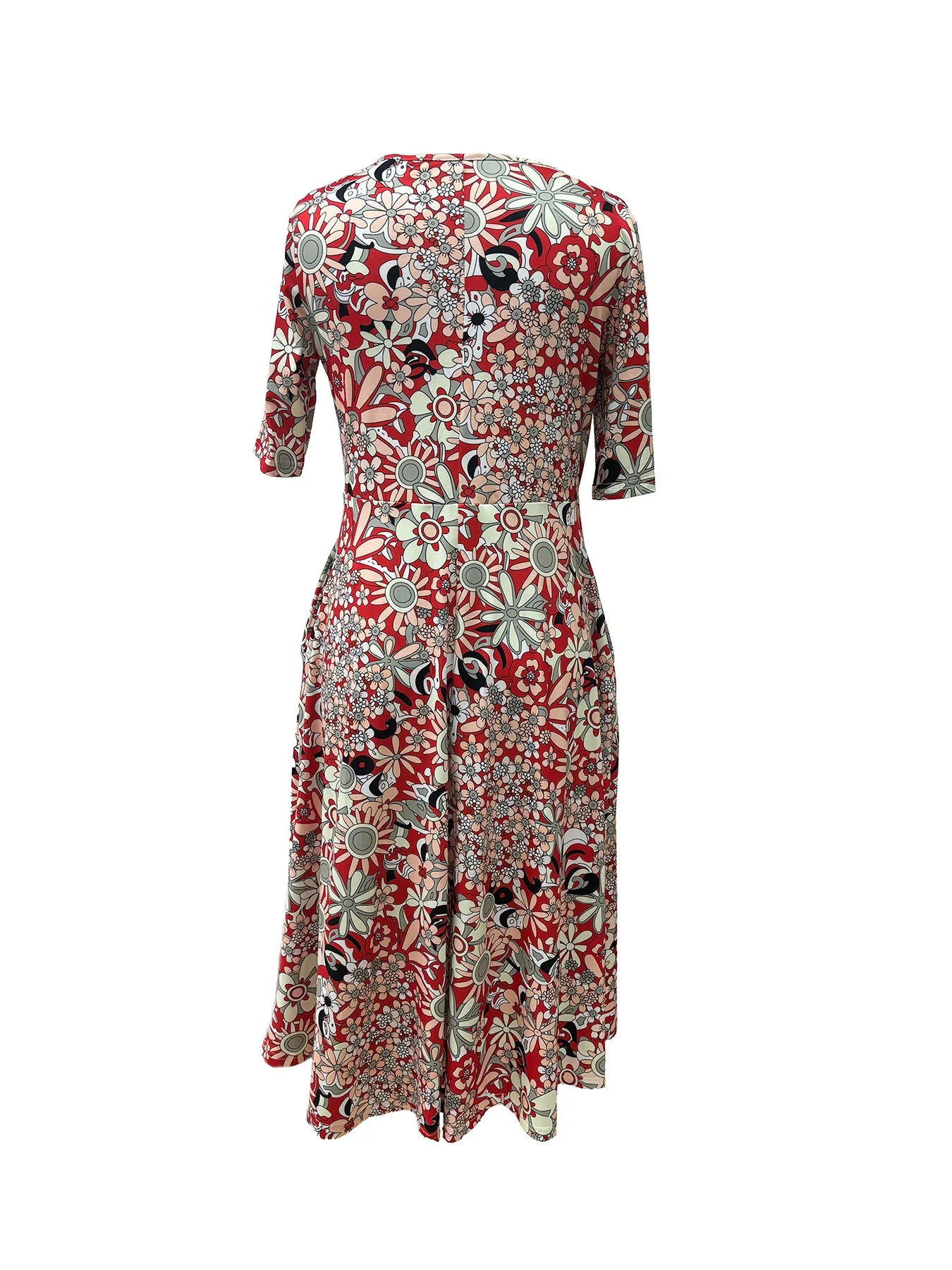 Robe Longue Bohémienne Fleurie — Col V Manches Mi-Longues Poches Plage