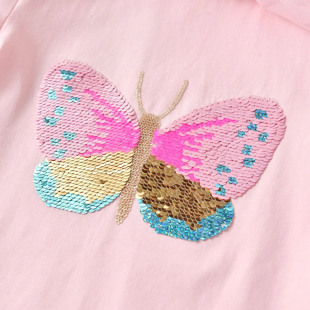 T-Shirt Fille Papillon Paillettes — Manches Courtes Coton Enfant