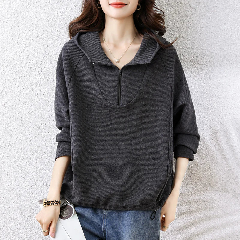 Oversize Hoodies Long Sleeve Zipper Pullovers Dark Gray Tops Jumper Sweatshirts Women