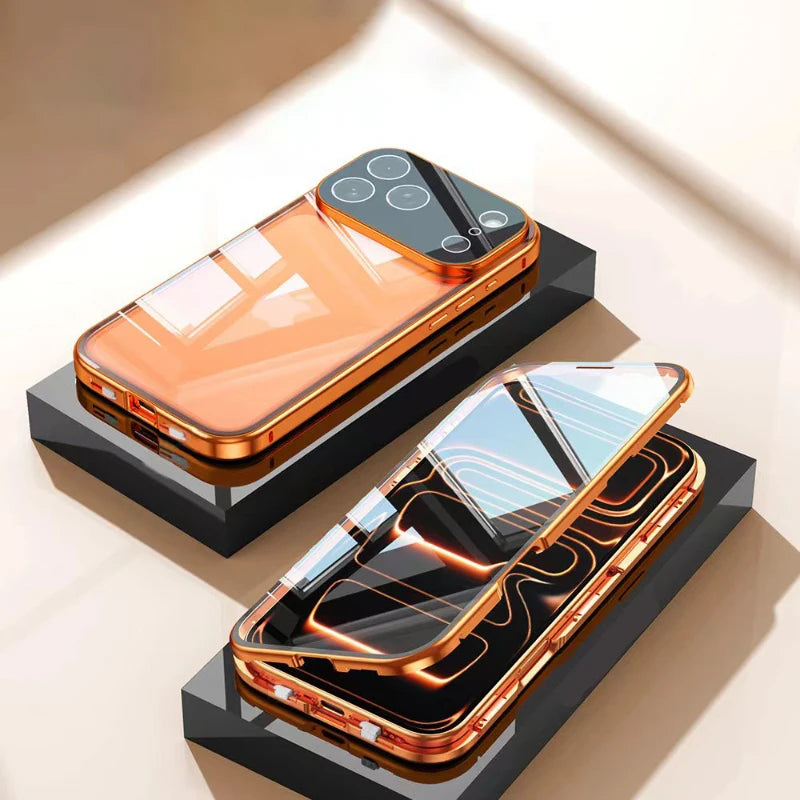 Coque magnétique métal 360° iPhone – Verre double face, verrouillage snap, protection totale