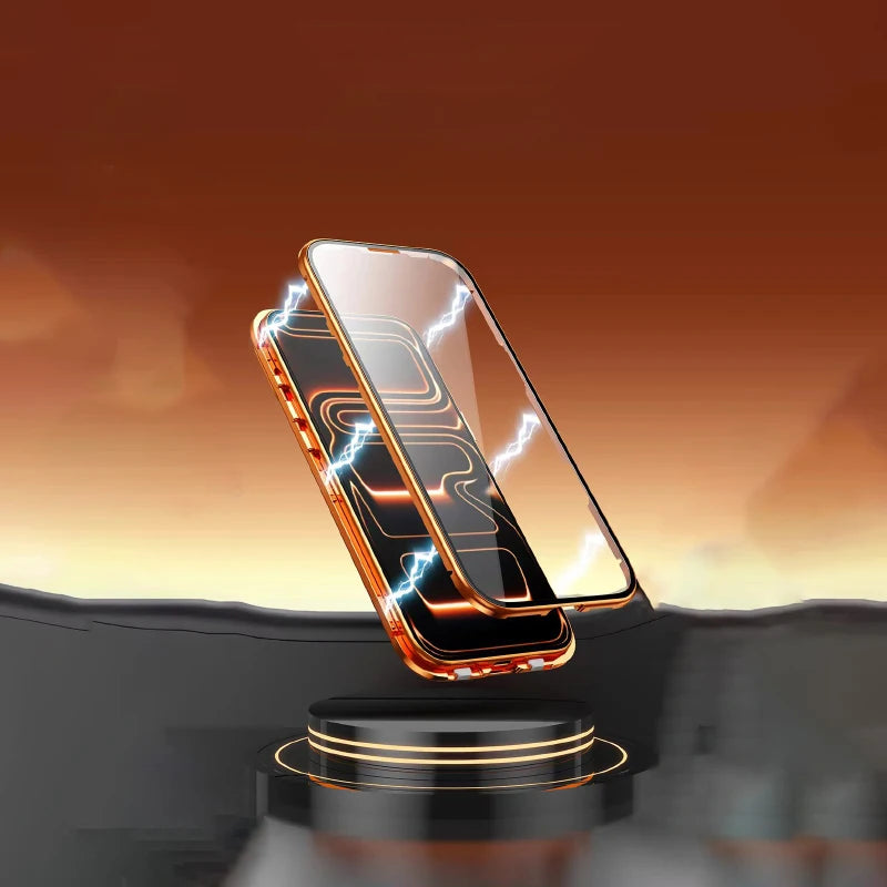Coque magnétique métal 360° iPhone – Verre double face, verrouillage snap, protection totale
